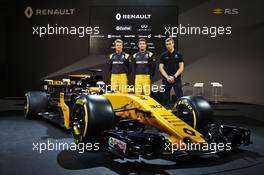 (L to R): Nico Hulkenberg (GER) Renault Sport F1 Team with Jolyon Palmer (GBR) Renault Sport F1 Team; Sergey Sirotkin (RUS) Renault Sport F1 Team Third Driver, and the Renault Sport F1 Team RS17. 21.02.2017. Renault Sport Formula One Team RS17 Launch, Royal Horticultural Society Headquarters, London, England.