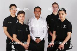 Renault Sport Academy Drivers (L to R): Jack Aitken (GBR); Max Fewtrell (GBR); Mia Sharizman (MAL) Renault Sport Academy Director; Jarno Opmeer (NLD); Sun Yue Yang (CHN).  21.02.2017. Renault Sport Formula One Team RS17 Launch, Royal Horticultural Society Headquarters, London, England.