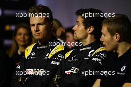 (L to R): Nico Hulkenberg (GER) Renault Sport F1 Team with Jolyon Palmer (GBR) Renault Sport F1 Team and Sergey Sirotkin (RUS) Renault Sport F1 Team Third Driver. 21.02.2017. Renault Sport Formula One Team RS17 Launch, Royal Horticultural Society Headquarters, London, England.