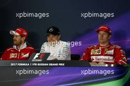 The FIA Press Conference (L to R): Sebastian Vettel (GER) Ferrari; Valtteri Bottas (FIN) Mercedes AMG F1; Kimi Raikkonen (FIN) Ferrari. 30.04.2017. Formula 1 World Championship, Rd 4, Russian Grand Prix, Sochi Autodrom, Sochi, Russia, Race Day.