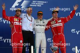 1st place Valtteri Bottas (FIN) Mercedes AMG F1 W08, 2nd Sebastian Vettel (GER) Ferrari SF70H and 3rd Kimi Raikkonen (FIN) Ferrari. 30.04.2017. Formula 1 World Championship, Rd 4, Russian Grand Prix, Sochi Autodrom, Sochi, Russia, Race Day.