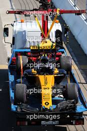 The damaged Renault Sport F1 Team RS17 of race retiree Jolyon Palmer (GBR) Renault Sport F1 Team is recovered back to the pits on the back of a truck. 30.04.2017. Formula 1 World Championship, Rd 4, Russian Grand Prix, Sochi Autodrom, Sochi, Russia, Race Day.