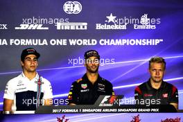 The FIA Press Conference (L to R): Lance Stroll (CDN) Williams; Daniel Ricciardo (AUS) Red Bull Racing; Kevin Magnussen (DEN) Haas F1 Team. 14.09.2017. Formula 1 World Championship, Rd 14, Singapore Grand Prix, Marina Bay Street Circuit, Singapore, Preparation Day.