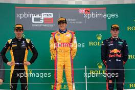 Race 2, 2nd place Jack Aitken (GBR) ART Grand Prix, Giuliano Alesi (FRA) Trident race winner and 3rd place Niko Kari (FIN) Arden International 16.07.2017. GP3 Series, Rd 3, Silverstone, England, Sunday.