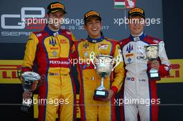 Race 2, 2nd place Ryan Tveter (USA) Trident, Giuliano Alesi (FRA) Trident race winner and 3rd place Kevin Joerg (SUI) Trident 30.07.2017. GP3 Series, Rd 4, Budapest, Hungary, Sunday.