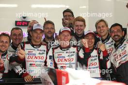 (L to R): Stephane Sarrazin (FRA); Mike Conway (GBR); and Kamui Kobayashi (JPN) #07 Toyota Gazoo Racing Toyota TS050 Hybrid, celebrate pole position with the team. FIA World Endurance Championship, Le Mans 24 Hours -Qualifying, Thursday 15th June 2017. Le Mans, France.