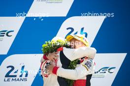 Thomas Laurent (FRA) and David Cheng (USA) #38 Jackie Chan DC Racing, Oreca 07 - Gibson, celebrate second position on the podium. FIA World Endurance Championship, Le Mans 24 Hours - Race, Sunday 18th June 2017. Le Mans, France.