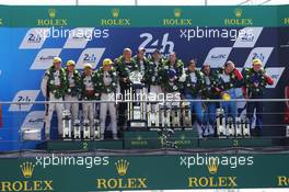 The podium (L to R): Ho-Ping Tung (CHN) / Oliver Jarvis (GBR) / Thomas Laurent (FRA) #38 Jackie Chan DC Racing, Oreca 07 - Gibson, second; Timo Bernhard (GER) / Earl Bamber (NZL) / Brendon Hartley (NZL) #02 Porsche LMP Team, Porsche 919 Hybrid, race winners; Nelson Piquet Jr (BRA) / Mathias Beche (SUI) / David Heinemeier-Hansson (DEN) #13 Vaillante Rebellion, Oreca 07 - Gibson, third. FIA World Endurance Championship, Le Mans 24 Hours - Race, Sunday 18th June 2017. Le Mans, France.