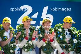 Oliver Jarvis (GBR), Ho-Ping Tung (CHN), Thomas Laurent (FRA) #38 Jackie Chan DC Racing, Oreca 07 - Gibson, celebrate second position on the podium. FIA World Endurance Championship, Le Mans 24 Hours - Race, Sunday 18th June 2017. Le Mans, France.