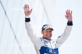 Andy Priaulx (GBR) #67 Ford Chip Ganassi Team UK Ford GT, celebrates second position on the GTE Pro podium. FIA World Endurance Championship, Le Mans 24 Hours - Race, Sunday 18th June 2017. Le Mans, France.