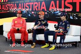 (L to R): Charles Leclerc (MON) Ferrari; Max Verstappen (NLD) Red Bull Racing; and Sergio Perez (MEX) Red Bull Racing, in the post race FIA Press Conference. 02.07.2023. Formula 1 World Championship, Rd 10, Austrian Grand Prix, Spielberg, Austria, Race Day.